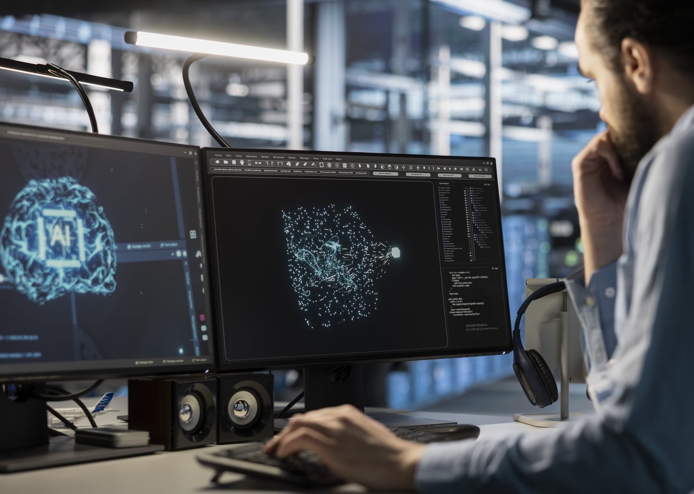 A Fountain engineer reviewing an AI neural-network visualization across dual monitors