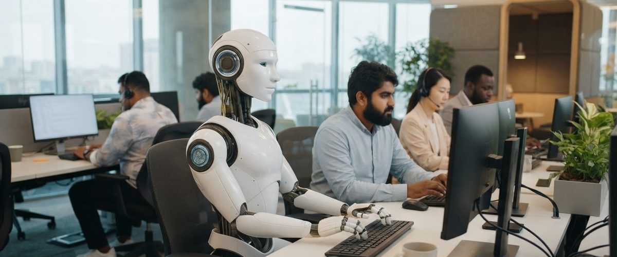 An agentic AI robot working alongside human engineers at a row of desks in a modern office
