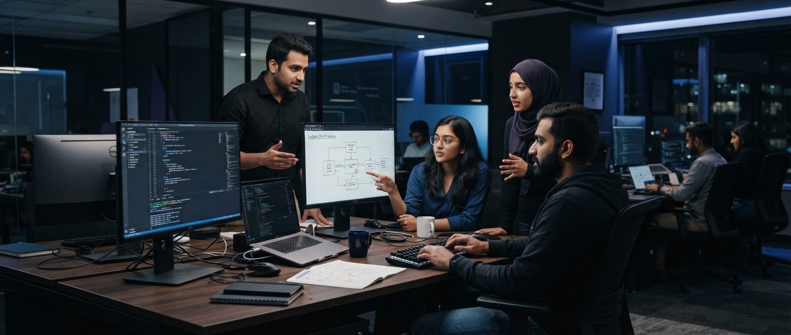 Product team reviewing a system architecture diagram together