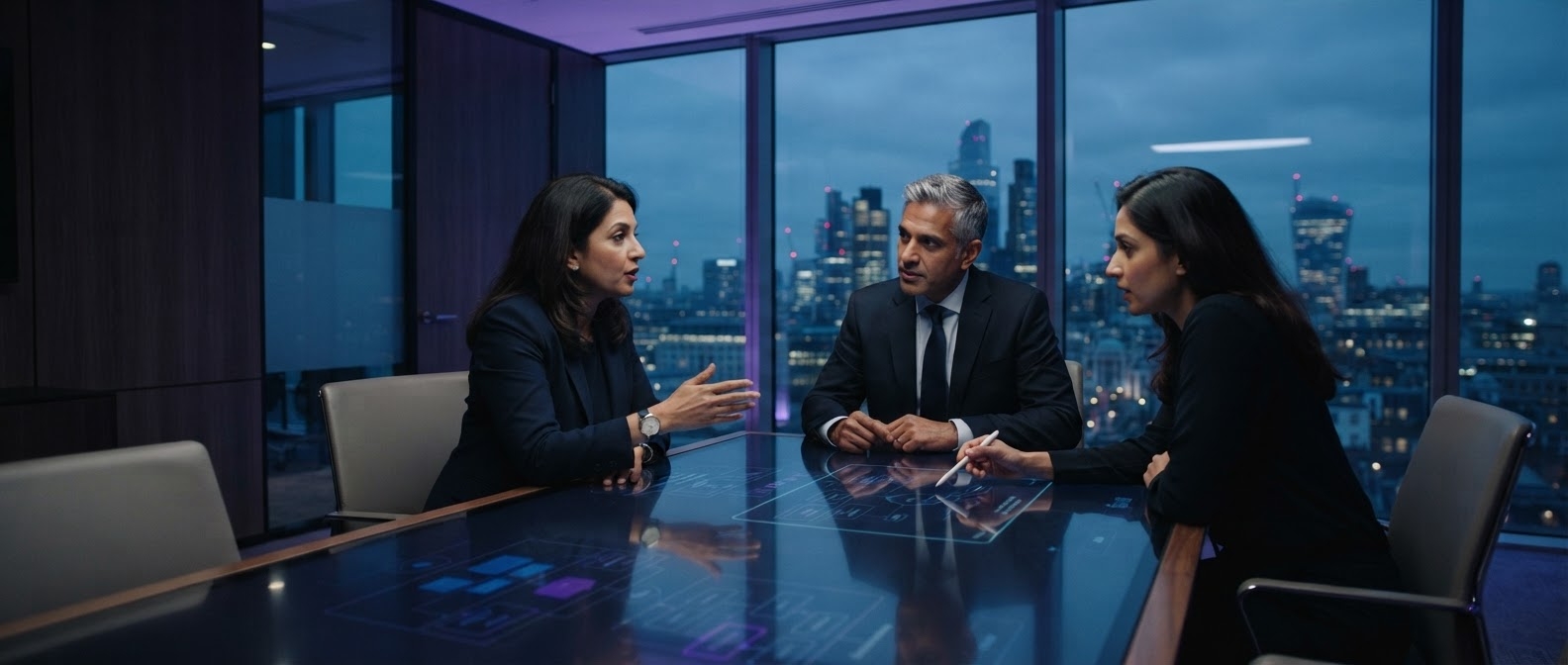 Technology advisors discussing strategy together in a meeting room